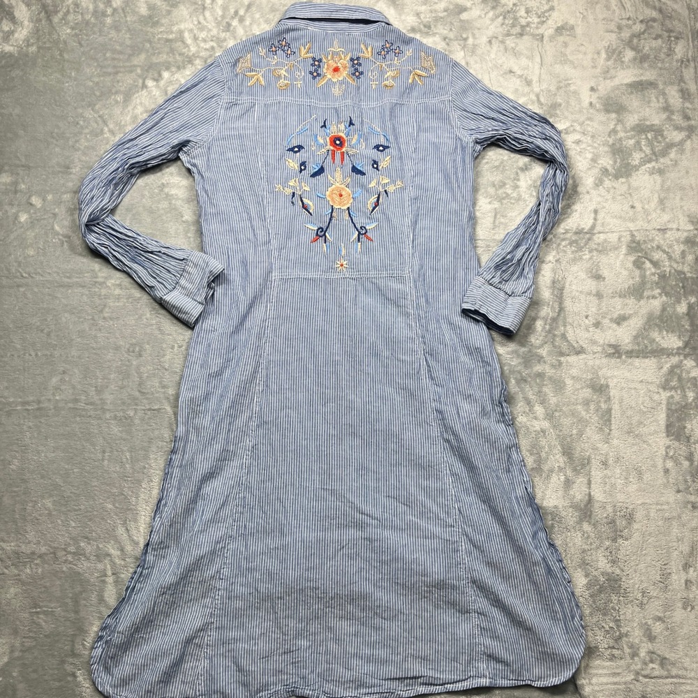 Nostalgia Shirt Dress Women Small Blue White Pinstripe Floral Embroidered Cotton